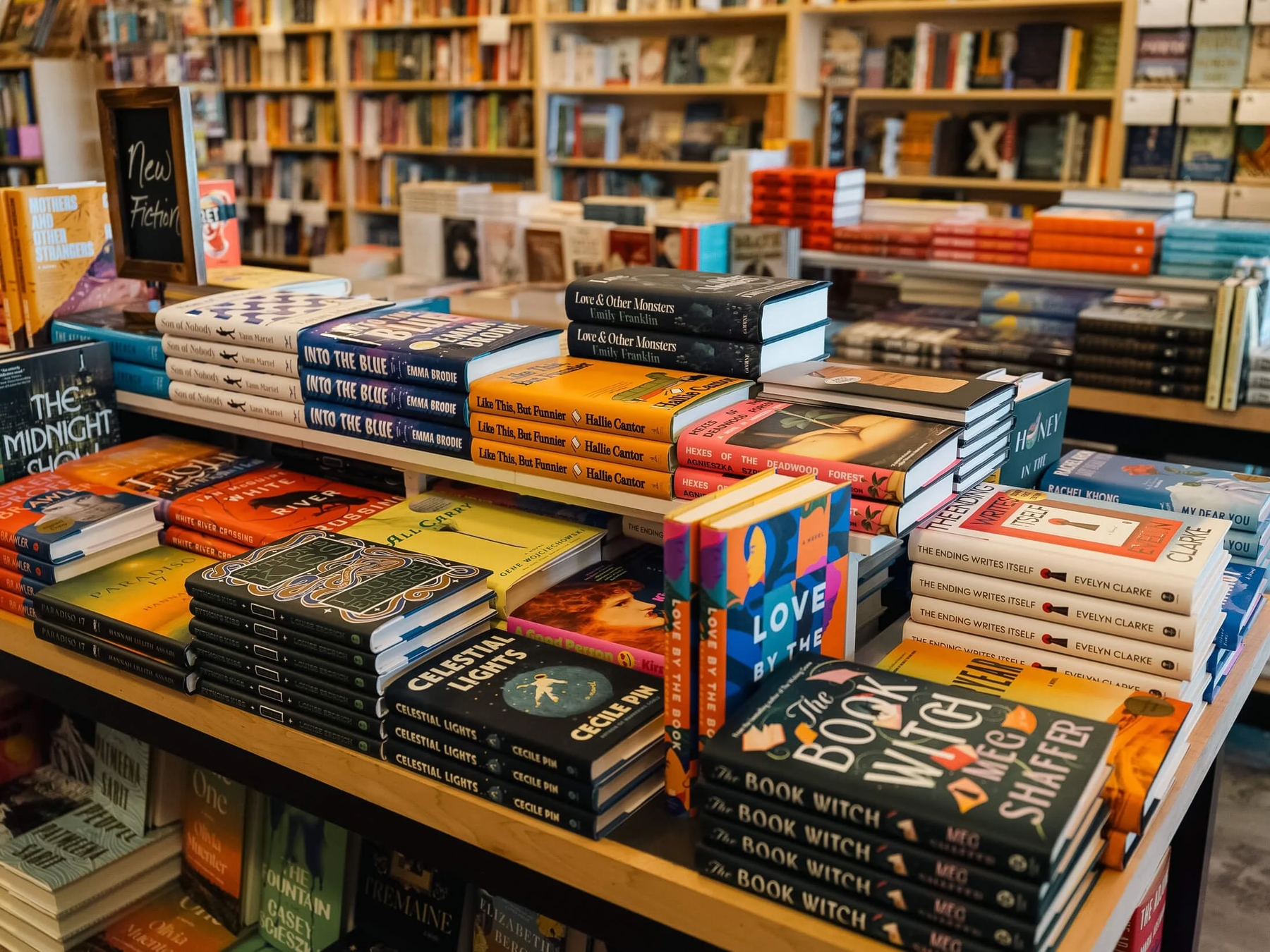 Bookstore tables filled with published books