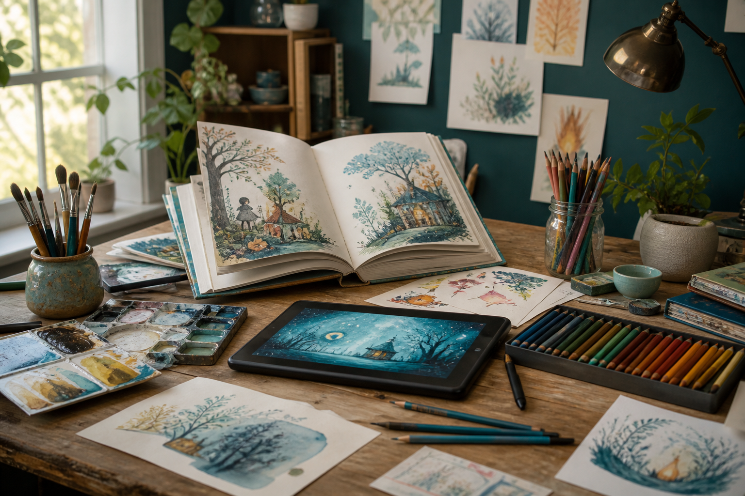 Original book illustrations in a professional artist's studio