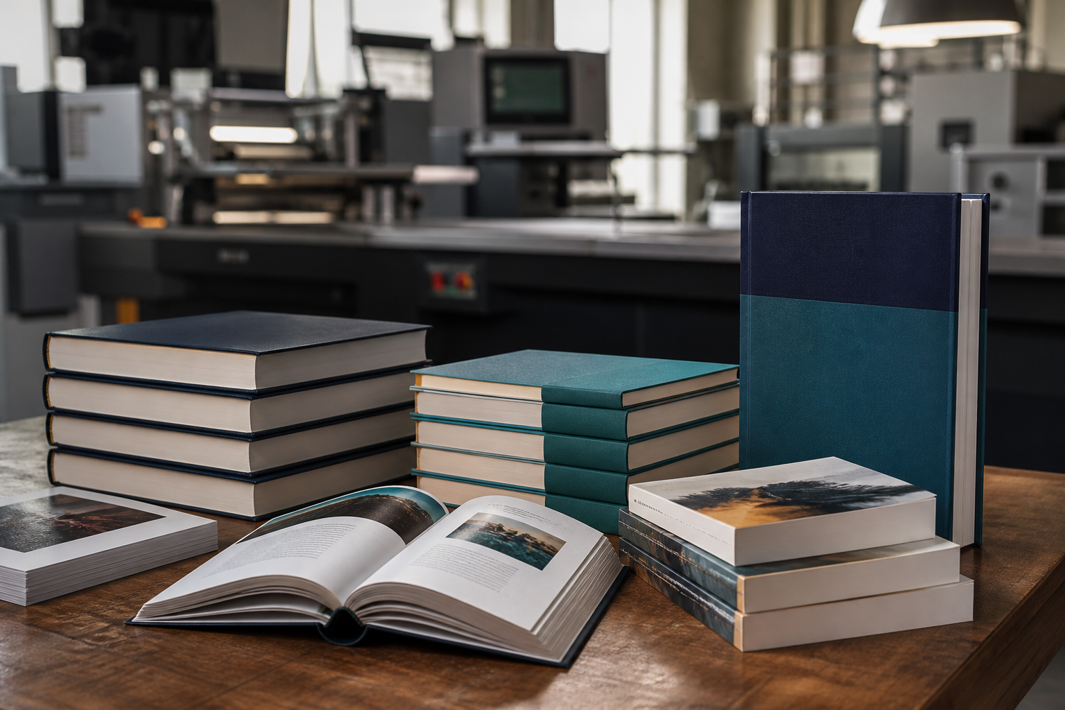 Freshly printed hardcover and paperback books