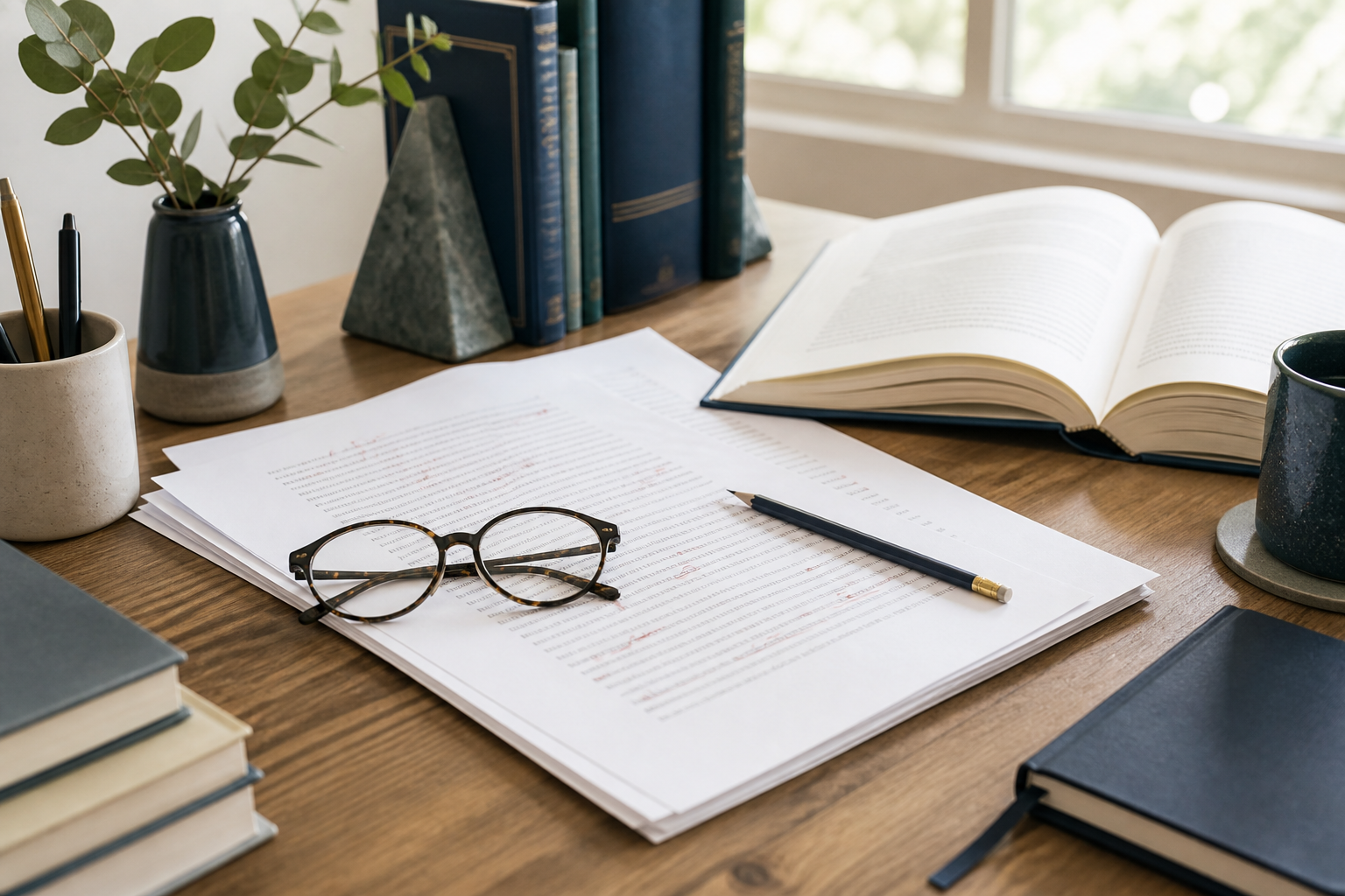 A proofread manuscript on a professional editor's desk